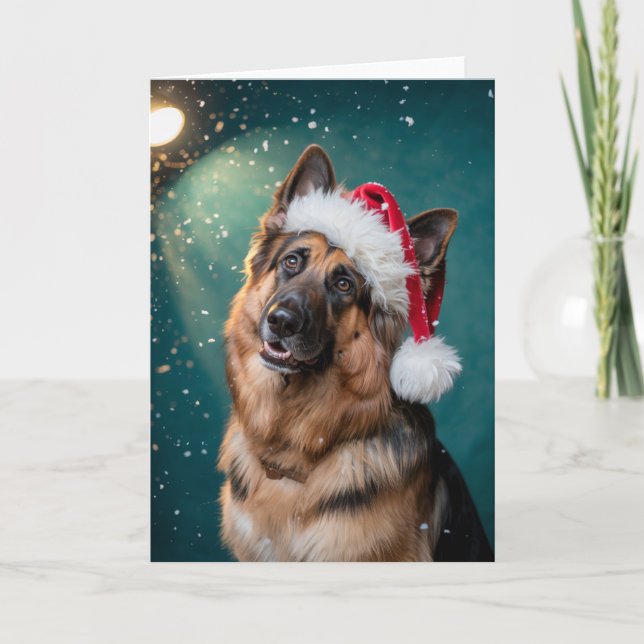 Tarjeta Feliz Navidad Un perro pastor alemán en Santa Clau (Anverso)