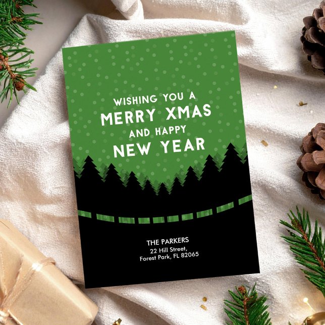 Tarjeta Feliz Navidad verde con árboles y nieve (Subido por el creador)