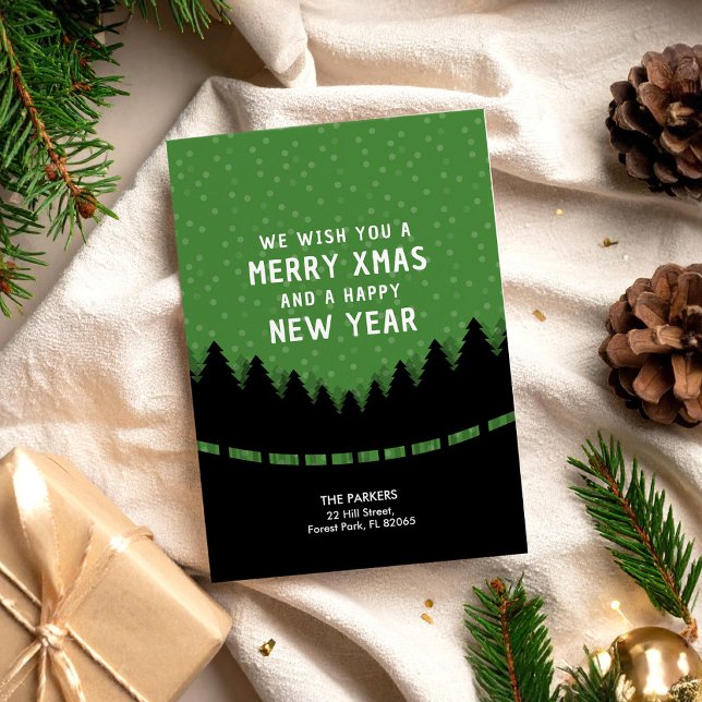 Tarjeta Feliz Navidad Verde con bosque de estilo retro y n (Subido por el creador)