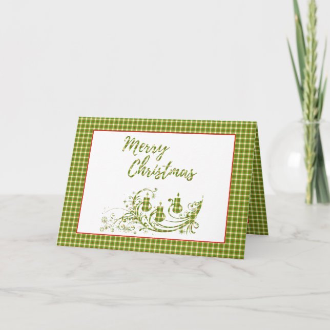 Tarjeta Feliz Navidad verde rojo a cuadros con velas (Anverso)