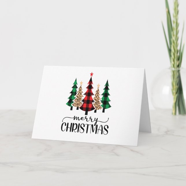 Tarjeta Feliz Navidad Verde Rojo y Árboles de pasta negra (Anverso)