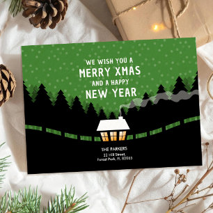 Tarjeta Feliz Navidad verde y negro con pinos retro