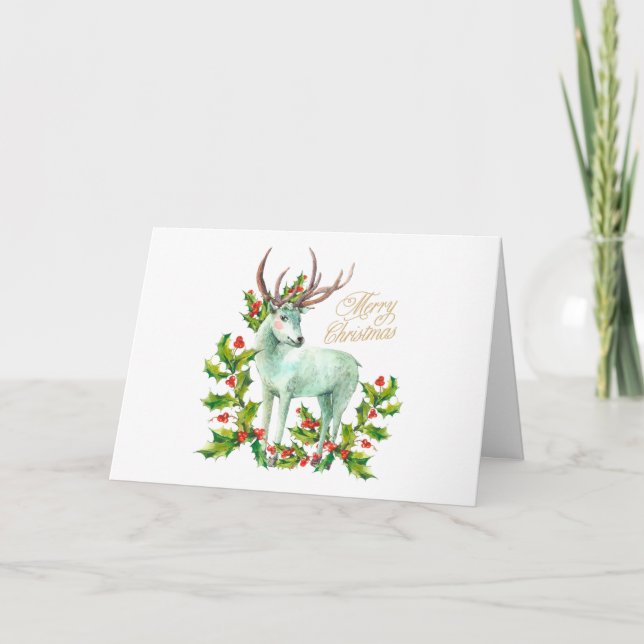 Tarjeta Feliz Navidad Woodland Deer y Holly Berry (Anverso)
