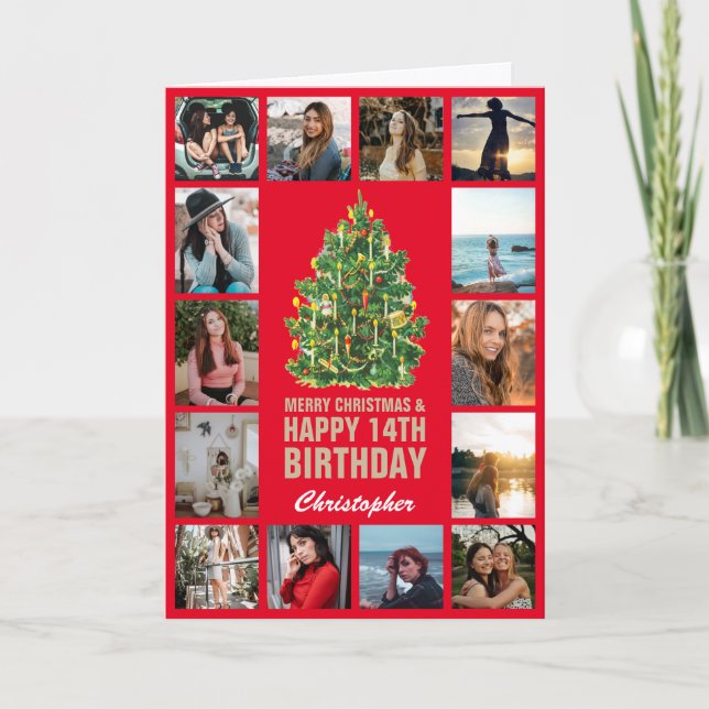 Tarjeta Feliz Navidad y 14 cumpleaños feliz, rojo y oro (Anverso)