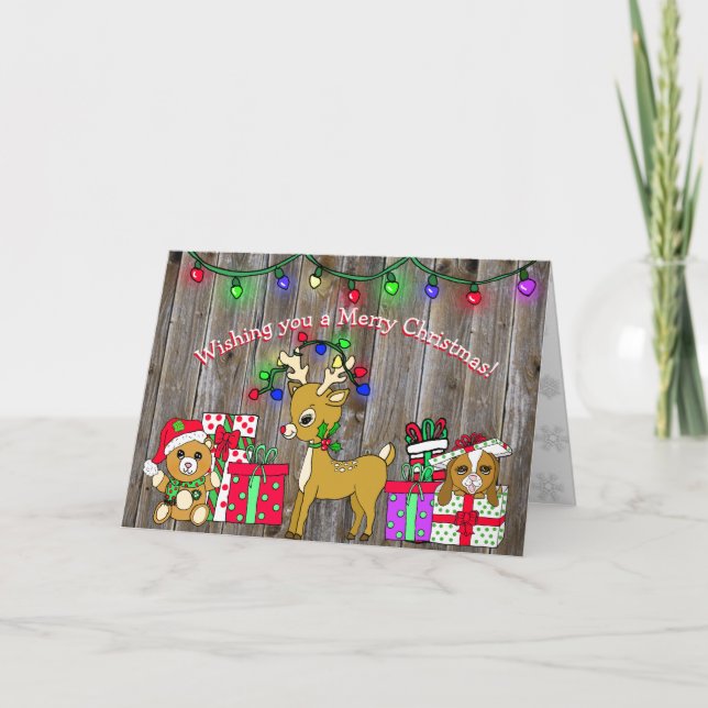 Tarjeta Feliz Navidad y caprichosos renos (Anverso)