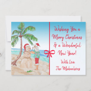 Tarjeta Feliz Navidad y Feliz Año Nuevo en la playa