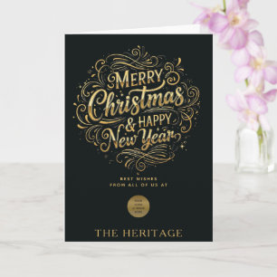 Tarjeta Feliz Navidad y Feliz Año Nuevo en negro y oro
