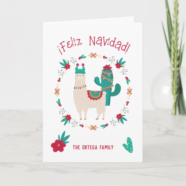 Tarjeta Feliz Navidad y festivos Navidades de llamas (Anverso)