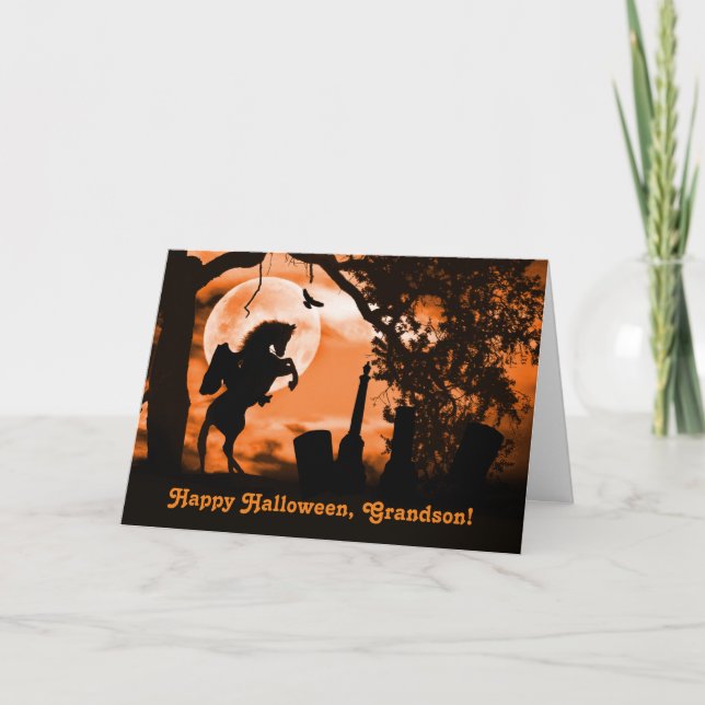 Tarjeta Feliz nieto de Halloween con jinete sin cabeza (Anverso)