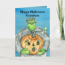 Tarjeta Feliz nieto de Halloween Frankenstein Pumpkin