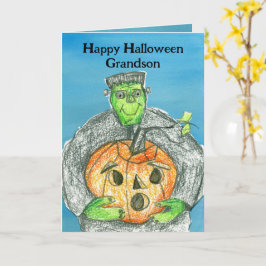 Tarjeta Feliz nieto de Halloween Frankenstein Pumpkin