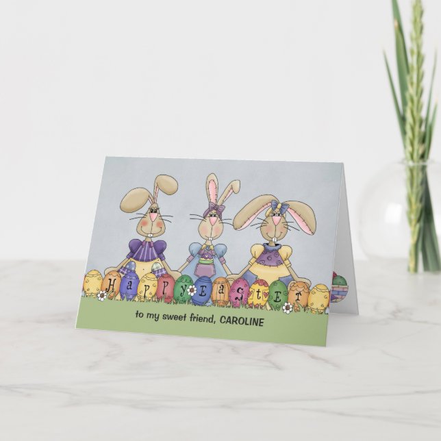 Tarjeta Feliz nombre personalizado de conejillos y huevos  (Anverso)
