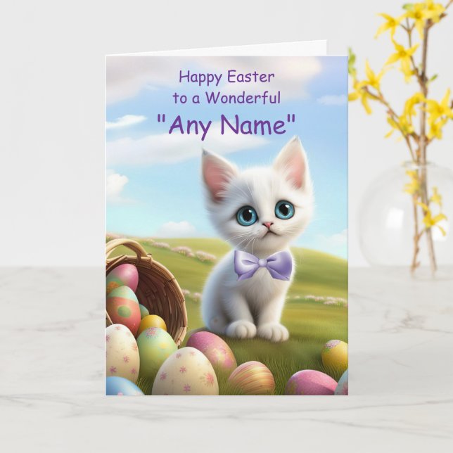 Tarjeta Feliz nombre personalizado de Pascua, gatito y hue (flor amarilla)
