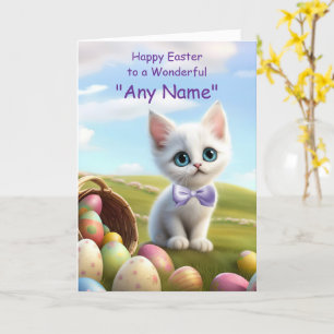 Tarjeta Feliz nombre personalizado de Pascua, gatito y hue