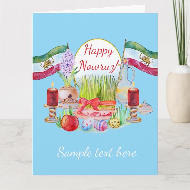 Tarjeta Feliz Norooz Haft Sin con banderas de León y Sol (Anverso)
