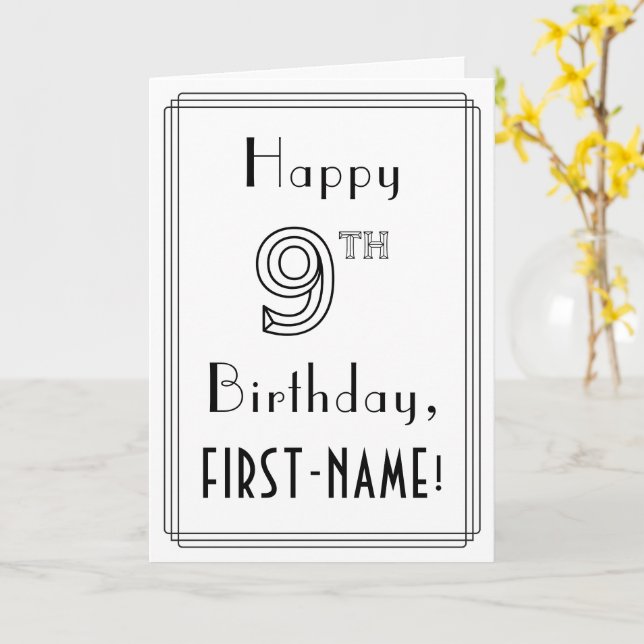 Tarjeta Feliz noveno cumpleaños, estilo Art Deco con nombr (flor amarilla)