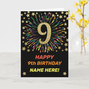 Tarjeta Feliz noveno cumpleaños, fuego negro y oro arco ir