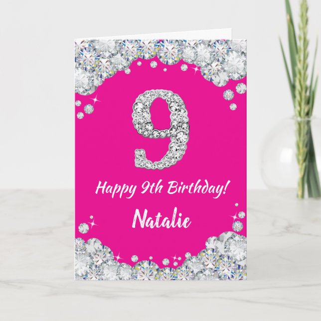 Tarjeta Feliz noveno cumpleaños Purpurina de Plata y Rosa  (Anverso)