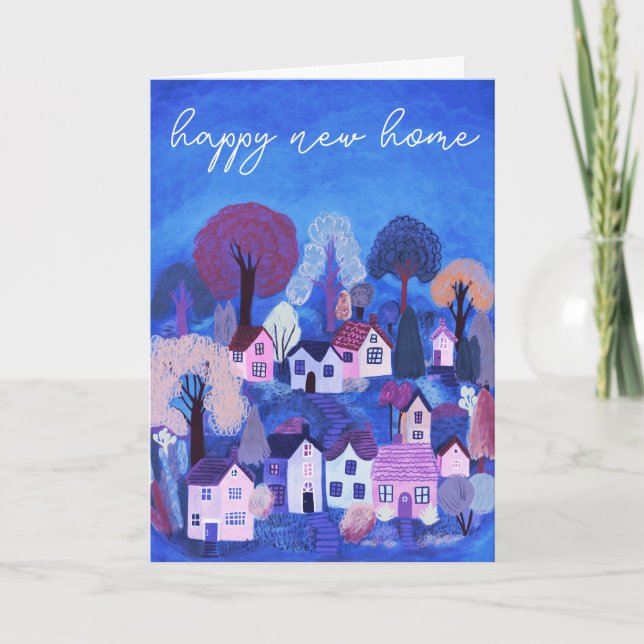 Tarjeta FELIZ NUEVO HOGAR Ilustracion de aldea rural (Anverso)