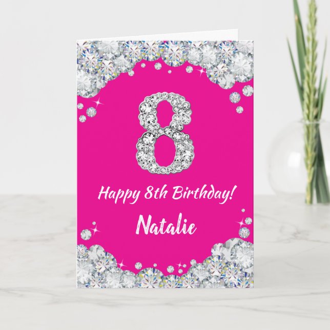 Tarjeta Feliz octavo cumpleaños, Purpurina de Plata y Rosa (Anverso)