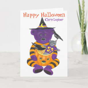 Tarjeta Feliz oso de calabaza de Halloween con gato y cuer