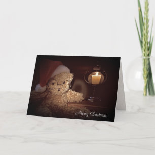 Tarjeta Feliz oso de peluche navideño con lámpara brillant