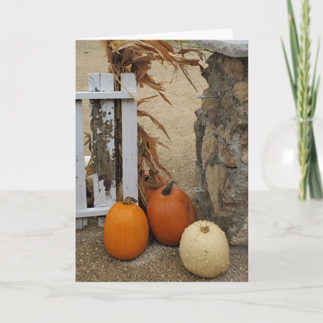 Tarjeta Feliz otoño, bendiciones otoñales calabazas caídas (Anverso)