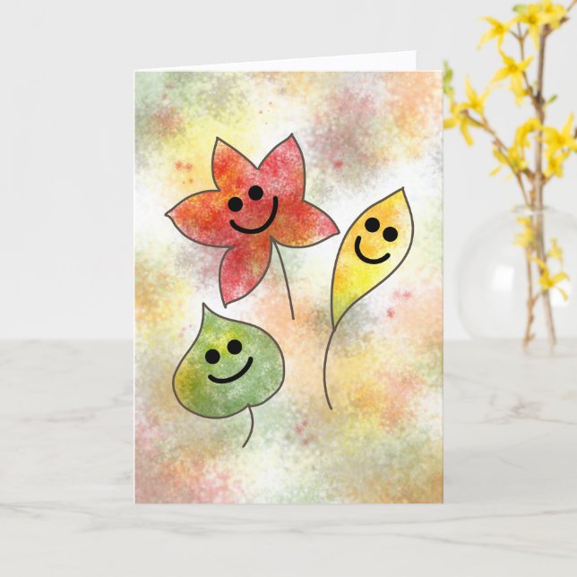 Tarjeta Feliz Otoño con Hojas Sonrientes de Otoño  (flor amarilla)