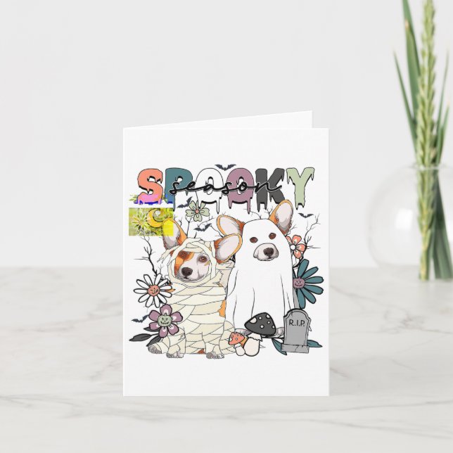 Tarjeta Feliz otoño de Halloween Corgi Ghost Spooky (Anverso)