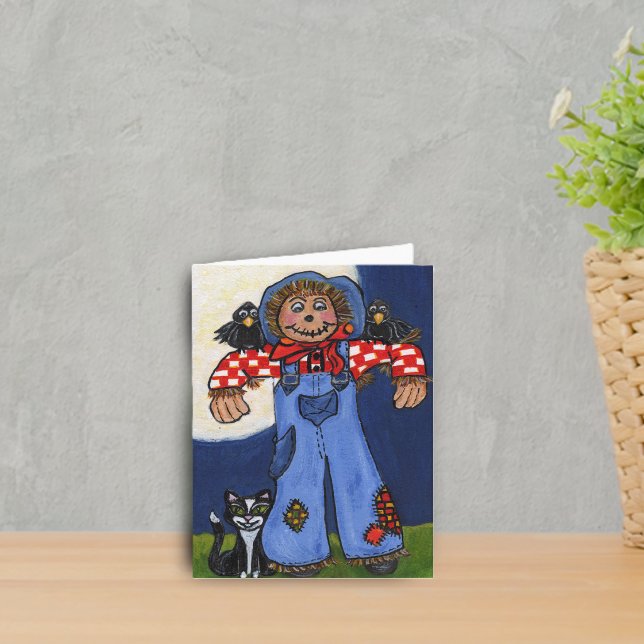 Tarjeta Feliz Otoño Espantapájaros (Cute scarecrow with cat and black crows under full moon on notecards.)