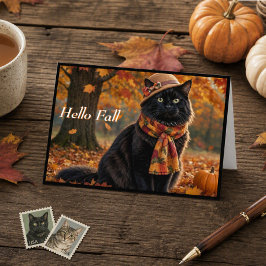 Tarjeta Feliz Otoño Hojas de Otoño Gato Negro con Sombrero