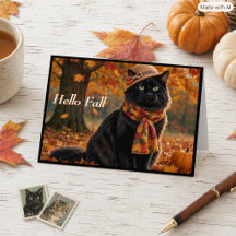 Feliz Otoño Hojas de Otoño Gato Negro con Sombrero