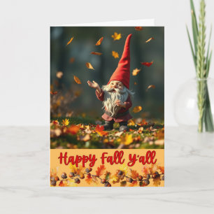 Tarjeta Feliz Otoño para Todos Hojas de Otoño y Gnomo