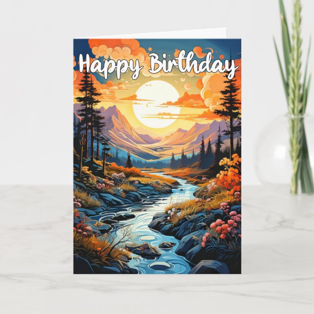 Tarjeta Felíz paisaje de cumpleaños al aire libre (Anverso)
