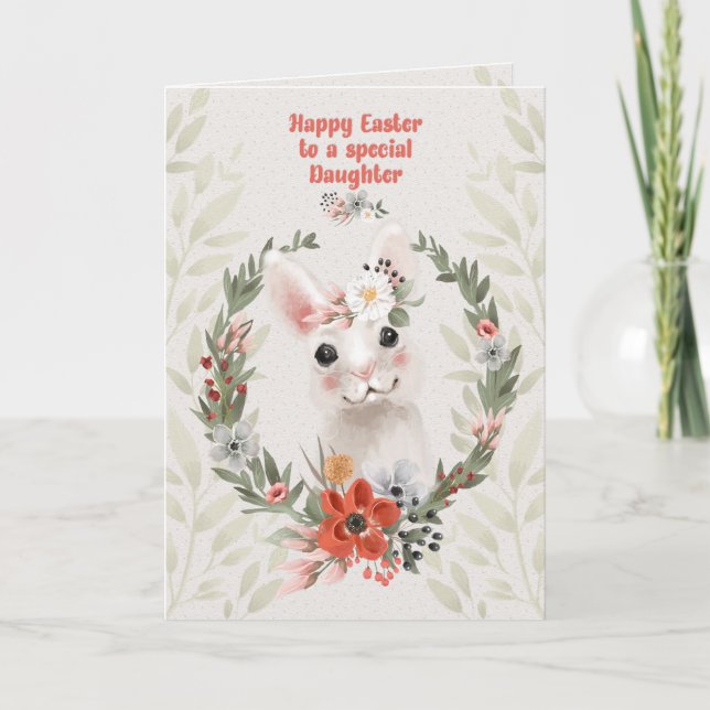 Tarjeta Feliz Pascua a la hija Adorable Conejo y Flor (Anverso)