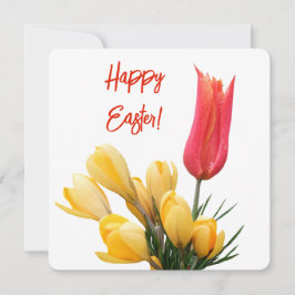 Tarjeta Feliz Pascua bonito crocus amarillo tulipán rojo f