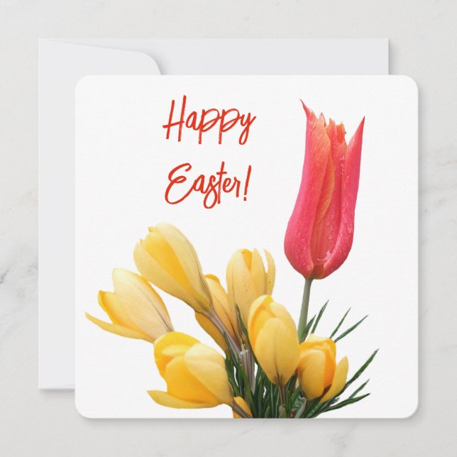 Tarjeta Feliz Pascua bonito crocus amarillo tulipán rojo f (Anverso)