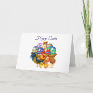 Tarjeta Feliz Pascua con cesta de huevos pintados y pollo