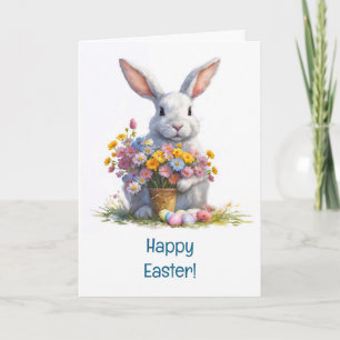 Tarjeta Feliz Pascua con conejo blanco maceta flor