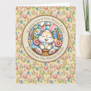 Tarjeta Feliz Pascua con conejo lindo, huevos y floral