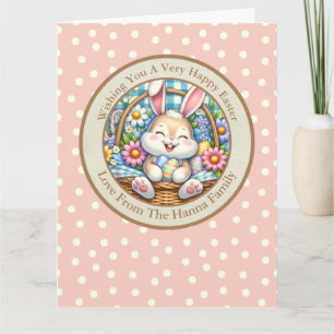 Tarjeta Feliz Pascua con conejo lindo, huevos y floral