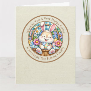 Tarjeta Feliz Pascua con conejo lindo, huevos y floral