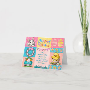 Tarjeta Feliz Pascua con Conejo, Pollo, Huevos y Flores