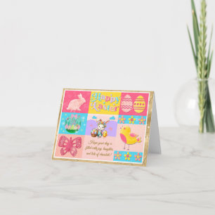 Tarjeta Feliz Pascua con Conejo, Pollo, Huevos y Flores