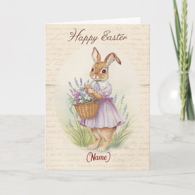 Tarjeta Feliz Pascua - Conejo con Cesta de Lavanda (Anverso)