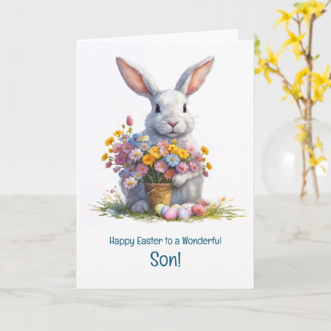 Tarjeta Feliz Pascua Conejo Conejito y Pascua  (flor amarilla)