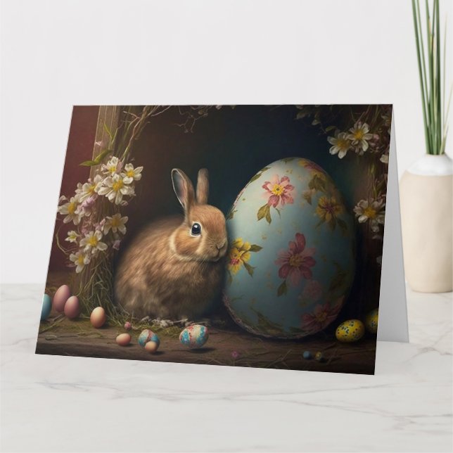 Tarjeta Feliz Pascua - Conejo conejo conejo con huevos dec (Anverso)