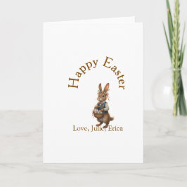 Tarjeta Feliz Pascua conejo marrón con huevos amor añadir
