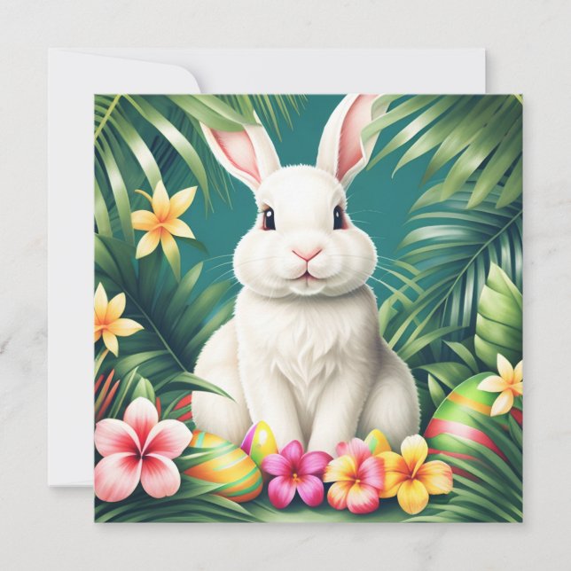Tarjeta Feliz Pascua, conejo tropical hawaiano y huevos (Anverso)