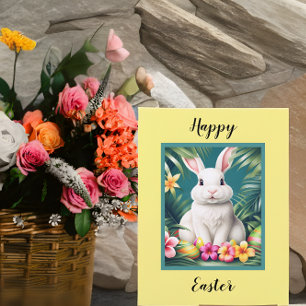 Tarjeta Feliz Pascua, conejo tropical hawaiano y huevos